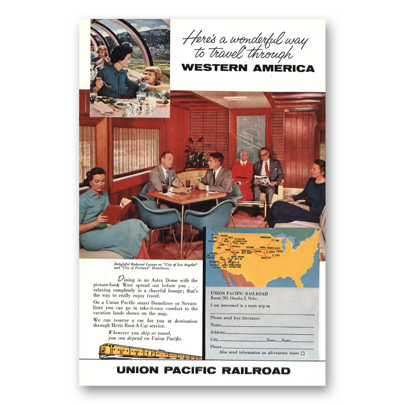 1958 Union Pacific Railroad Redwood Lounge Vintage Magazine Print Ad