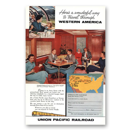 1958 Union Pacific Railroad Redwood Lounge Vintage Magazine Print Ad