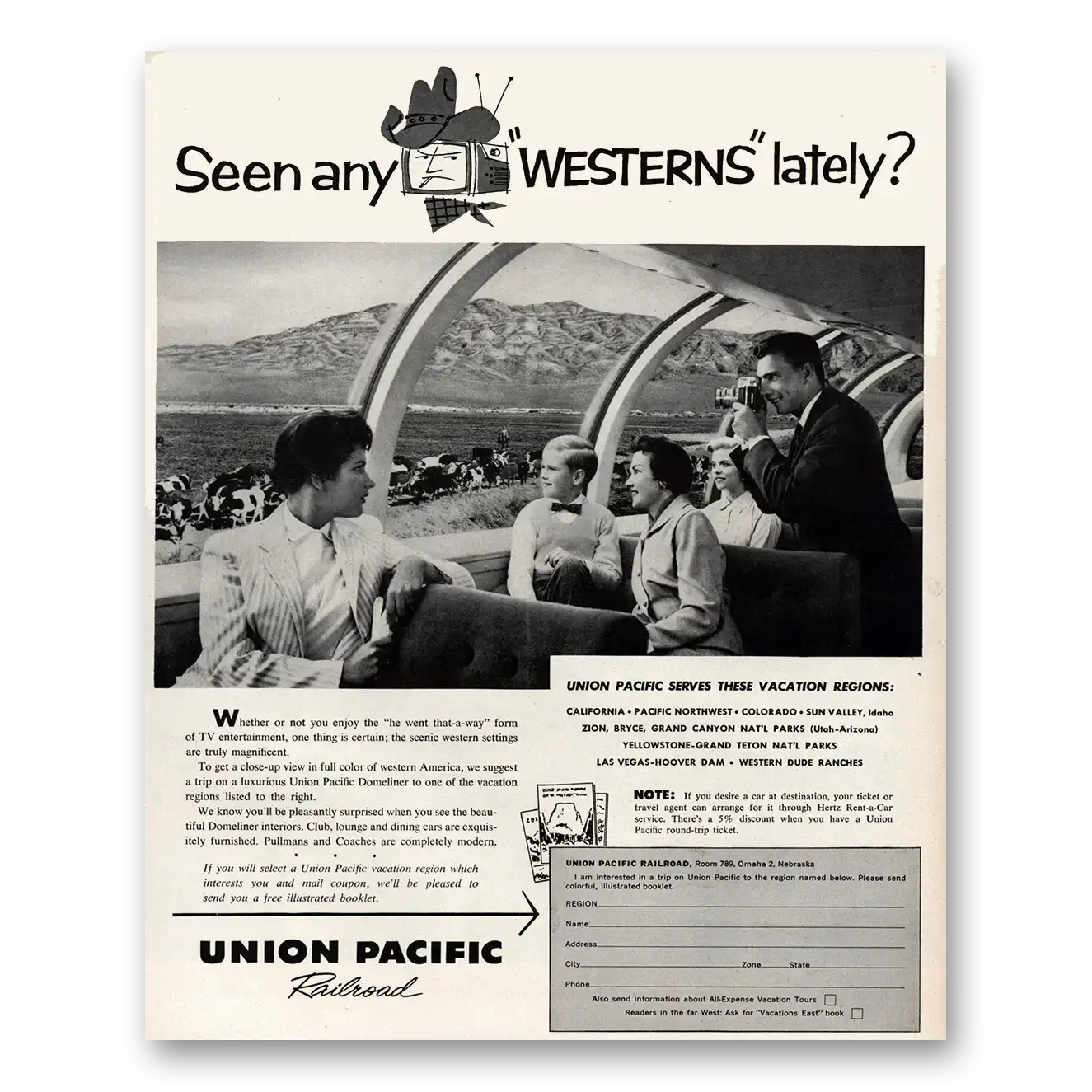 1958 Union Pacific Railroad Seen Any Westerns Lately Vintage Magazine Print Ad