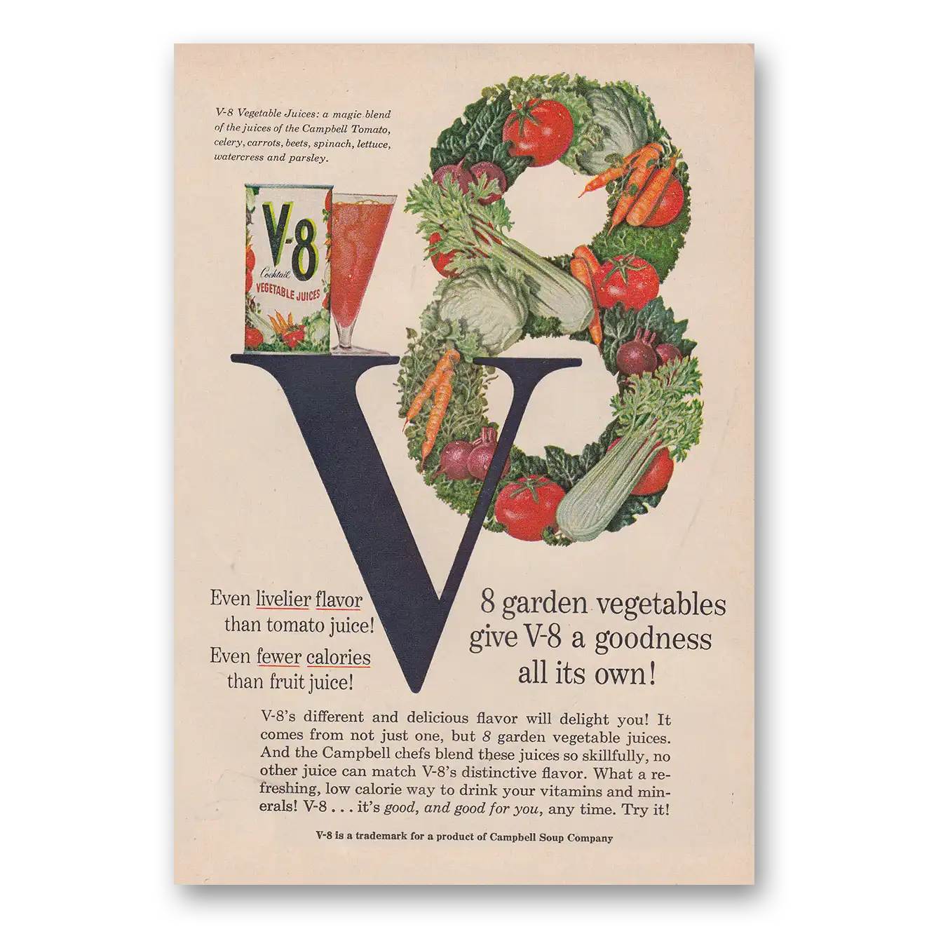 1958 V8 Vegetable Juice Goodness All Its Own Vintage Magazine Print Ad