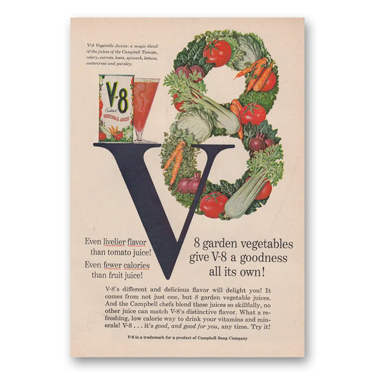 1958 V8 Vegetable Juice Goodness All Its Own Vintage Magazine Print Ad