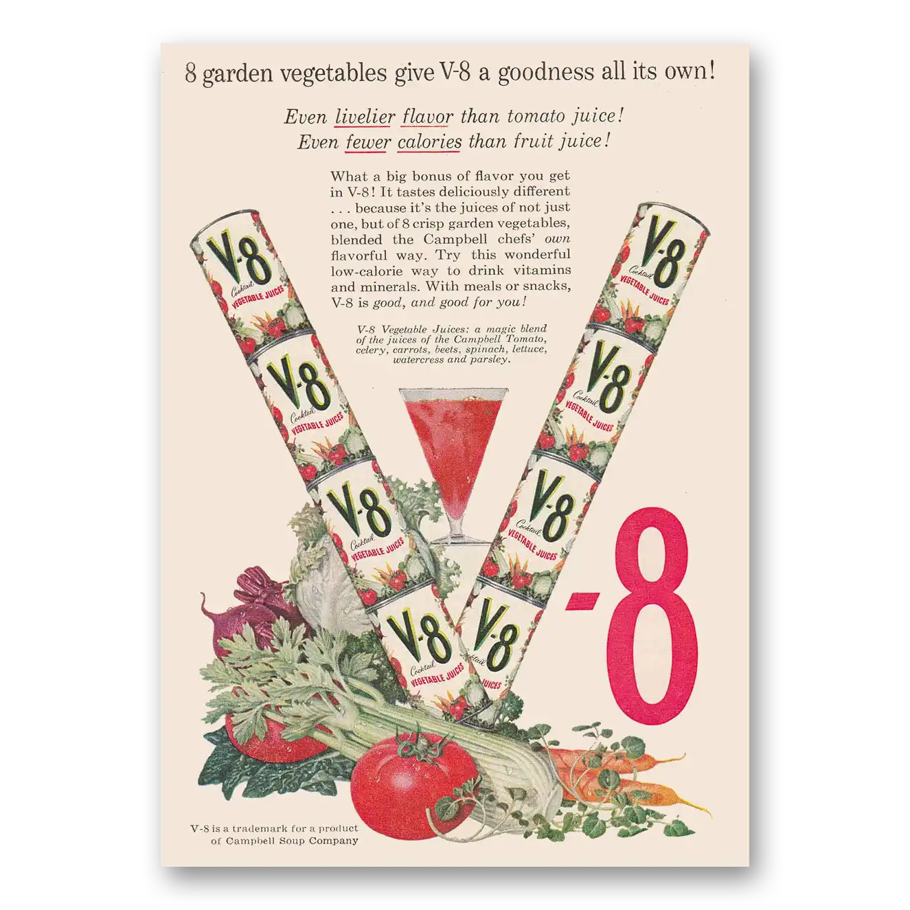 1958 V8 Vegetable Juice Garden Vegetables Vintage Magazine Print Ad