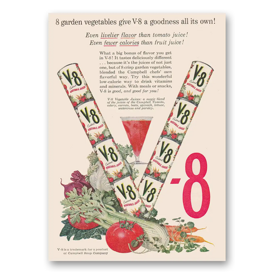 1958 V8 Vegetable Juice Garden Vegetables Vintage Magazine Print Ad