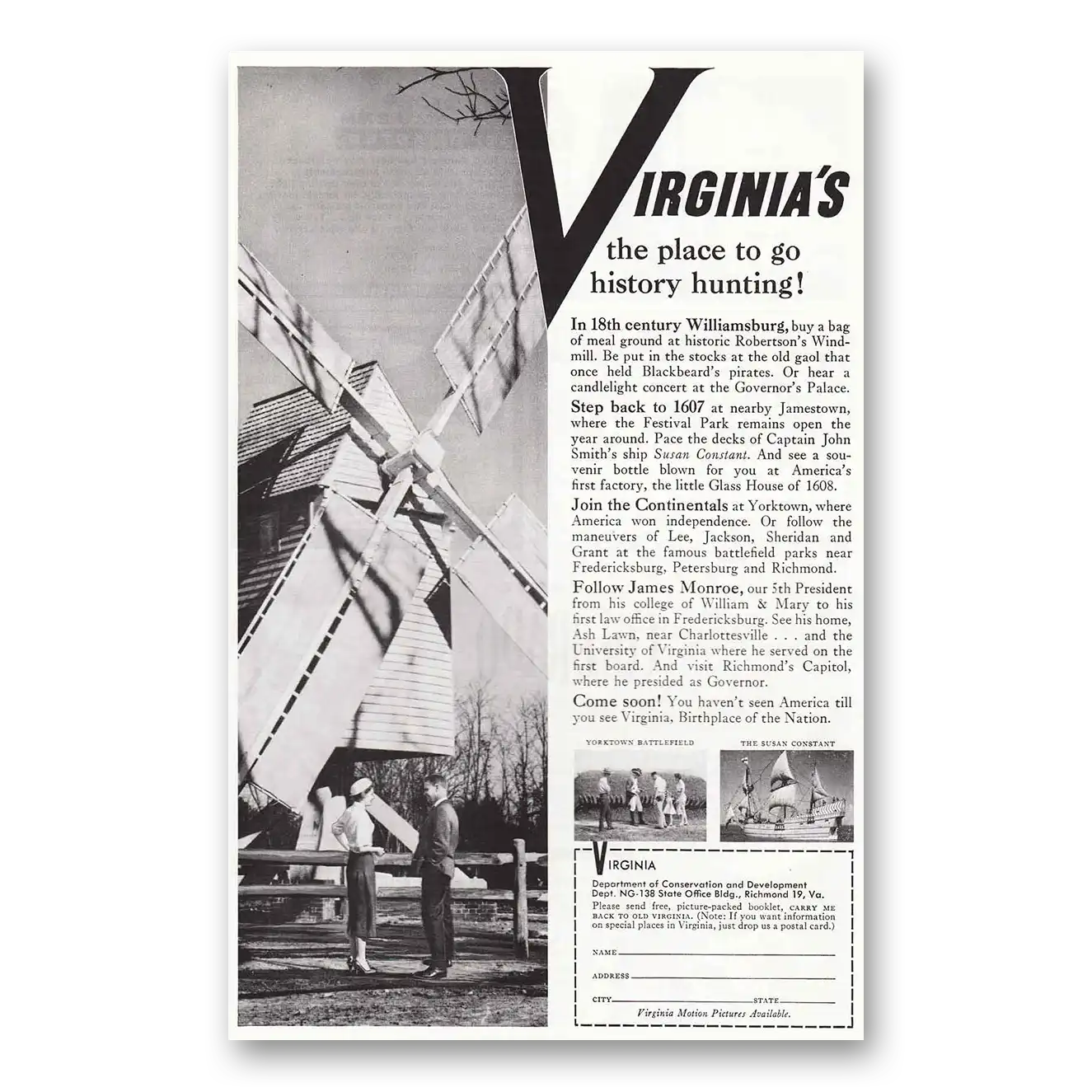 1958 Virginia History Hunting Windmill Vintage Magazine Print Ad