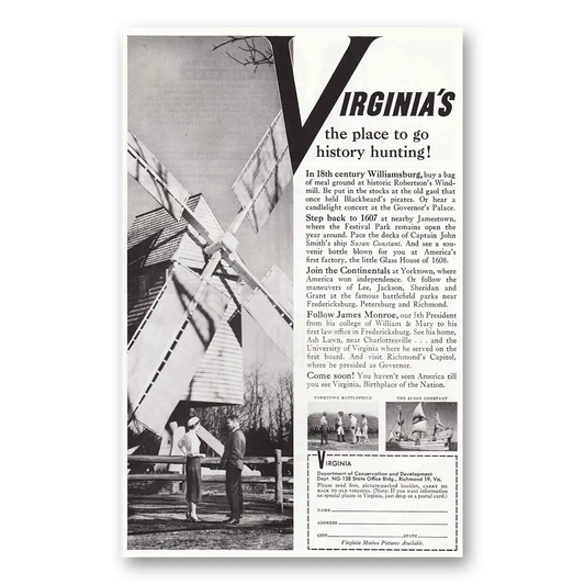 1958 Virginia History Hunting Windmill Vintage Magazine Print Ad