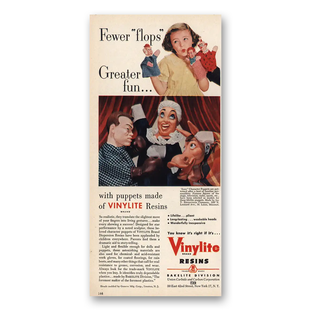 1958 Vinylite Resins Greater Fun With Puppets Vintage Magazine Print Ad