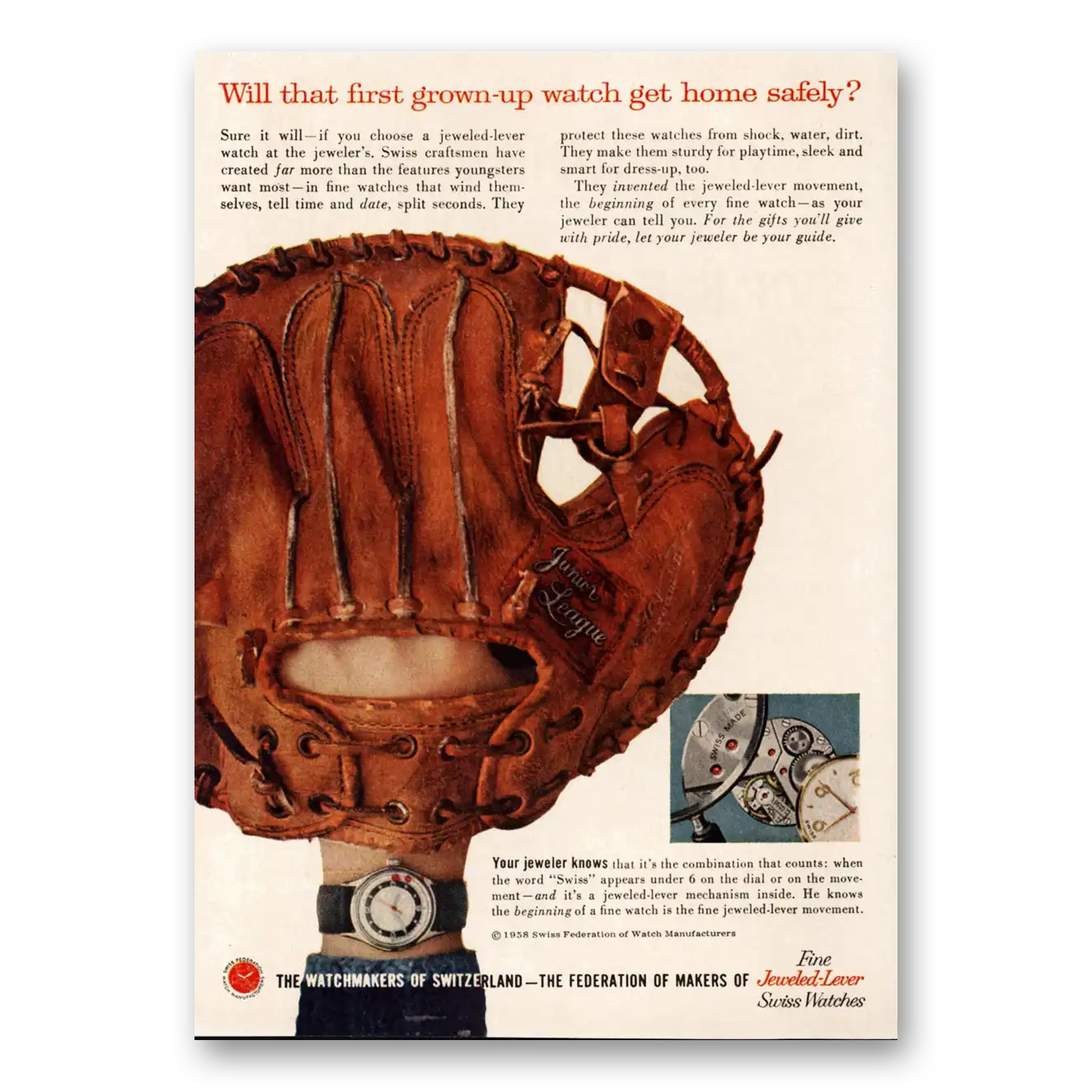 1958 Watchmakers of Switzerland First Grown Up Watch Baseball Mitt Vintage Magazine Print Ad