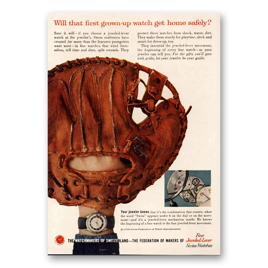 1958 Watchmakers of Switzerland First Grown Up Watch Baseball Mitt Vintage Magazine Print Ad