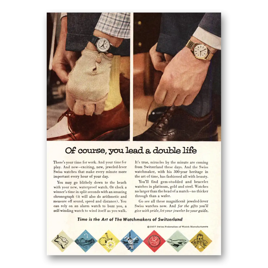 1958 Watchmakers of Switzerland Lead a Double Life Vintage Magazine Print Ad