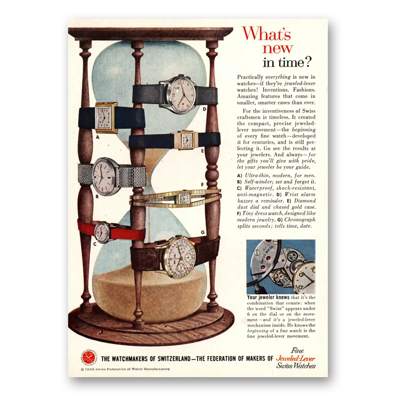 1958 Watchmakers of Switzerland Whats New In Time Vintage Magazine Print Ad