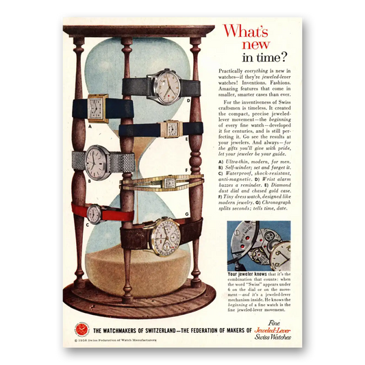 1958 Watchmakers of Switzerland Whats New In Time Vintage Magazine Print Ad