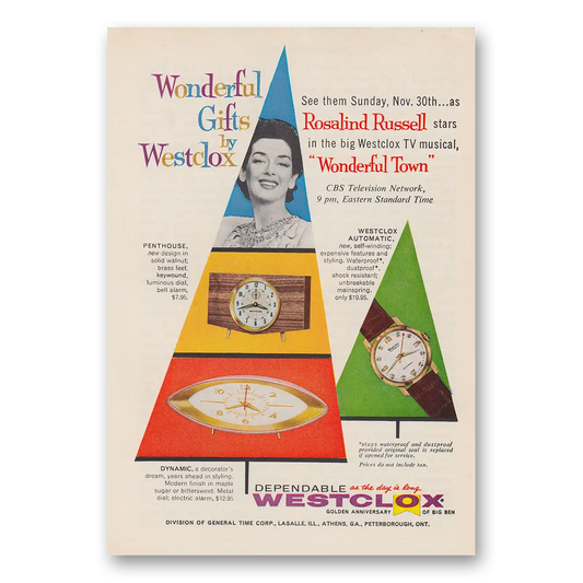 1958 Westclox Watches Wonderful Gifts Rosalind Russell Vintage Magazine Print Ad