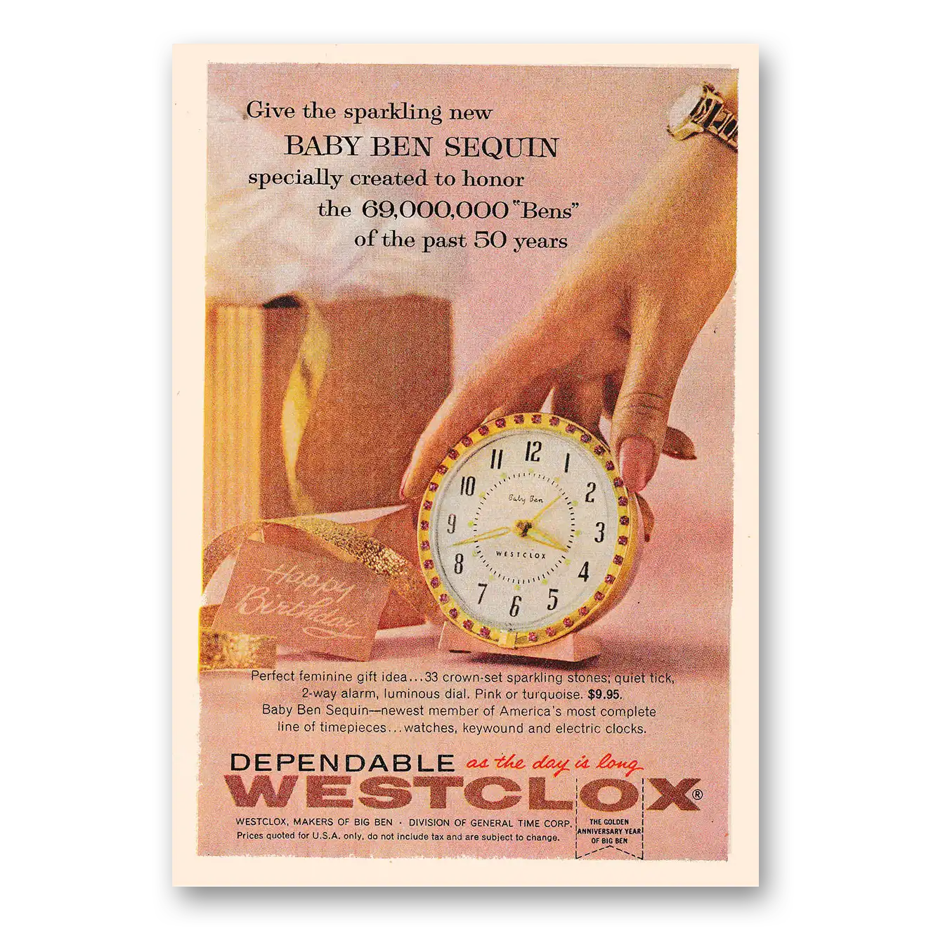 1958 Westclox Watches Baby Ben Sequin Vintage Magazine Print Ad