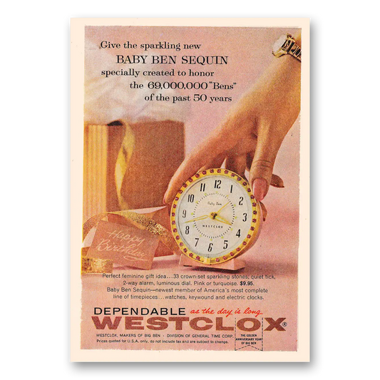 1958 Westclox Watches Baby Ben Sequin Vintage Magazine Print Ad