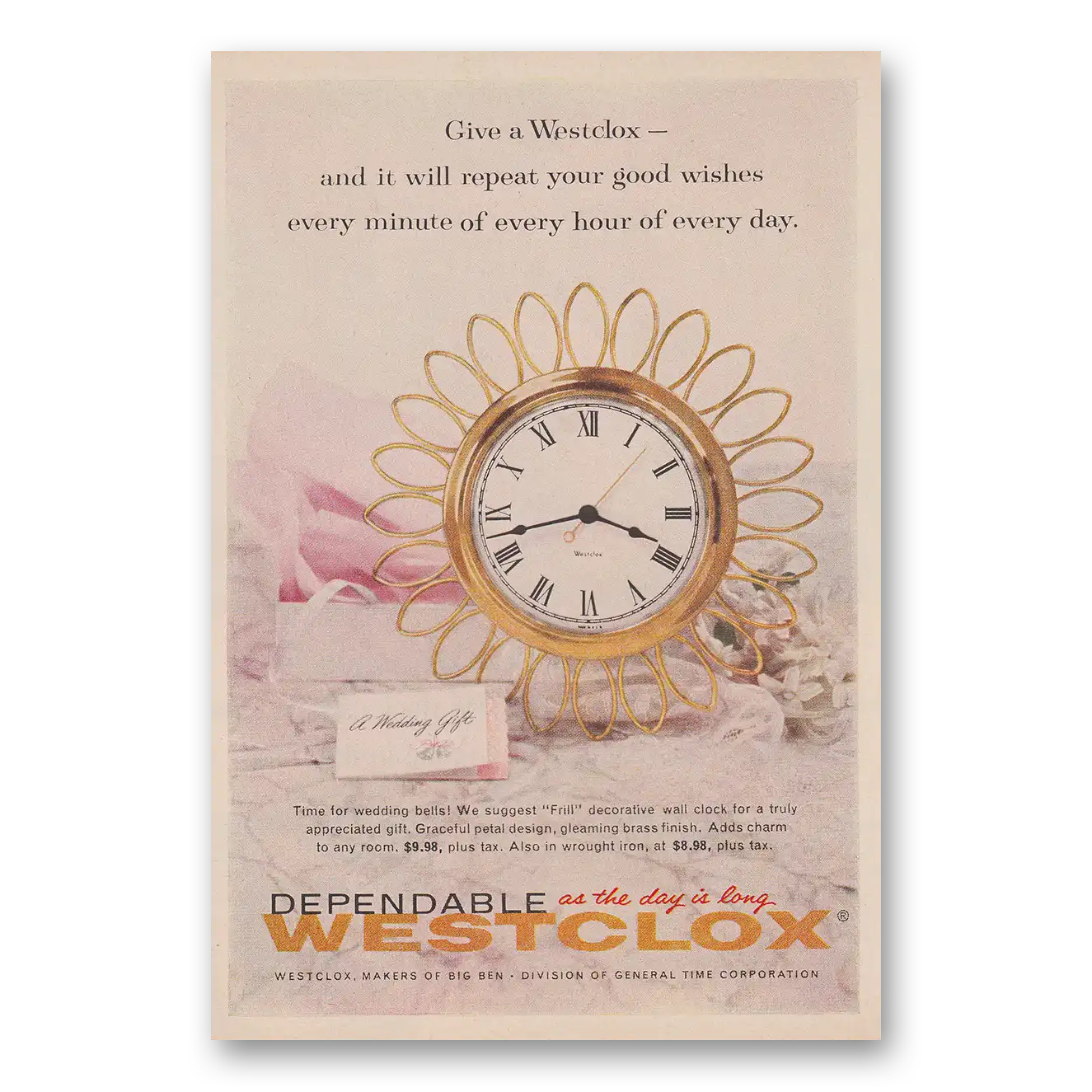 1958 Westclox Clocks Give a Wesclox and It Will Repeat Your Good Wishes Vintage Magazine Print Ad