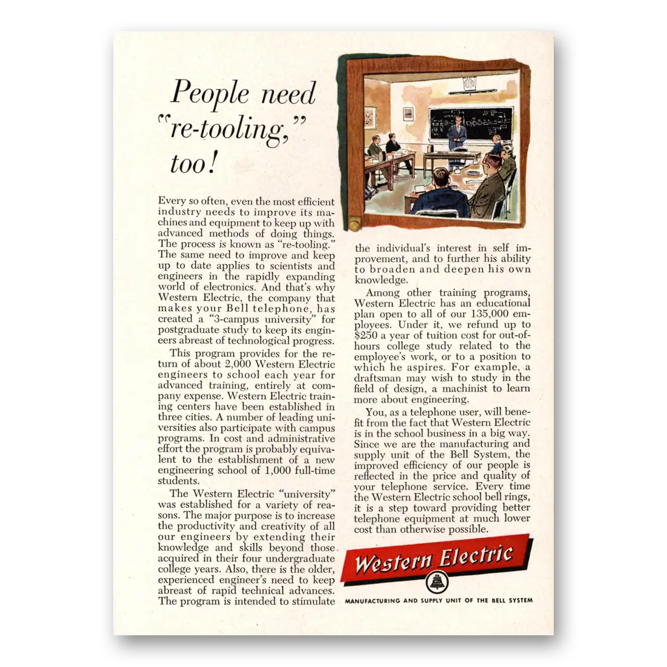 1958 Western Electric People Need Re Tooling Too Vintage Magazine Print Ad