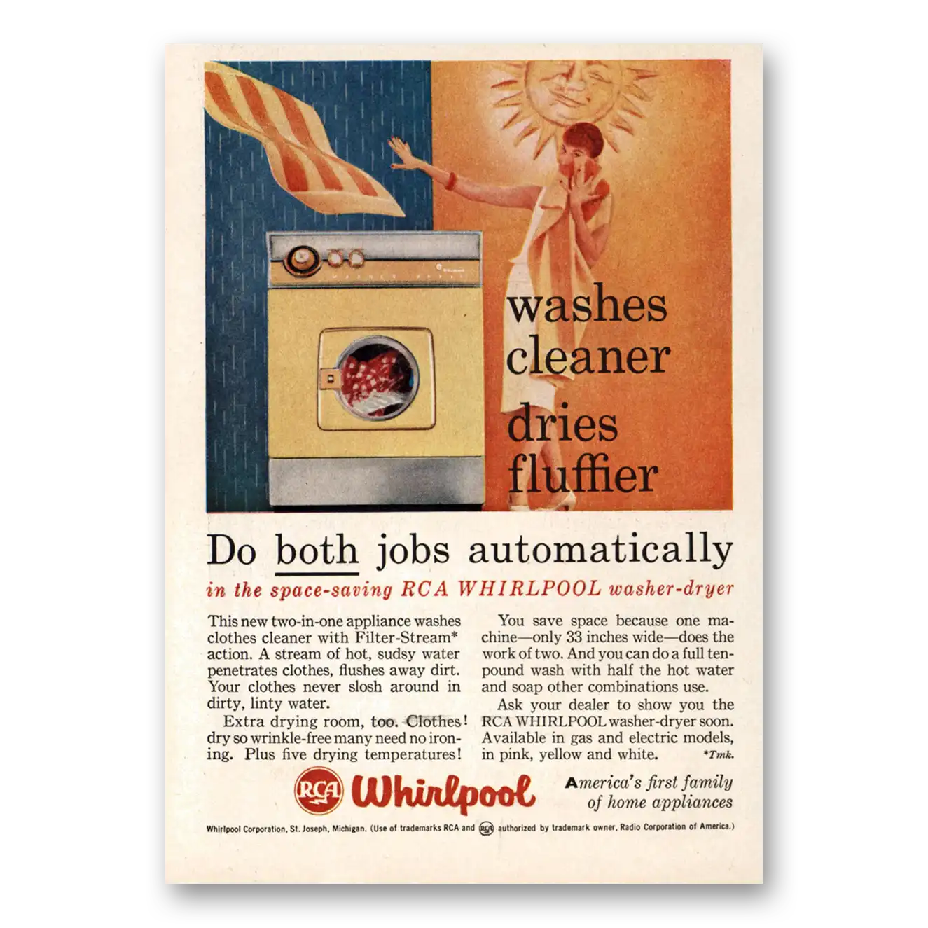 1958 Whirlpool Dryer Washes Cleaner Dries Fluffier Vintage Magazine Print Ad