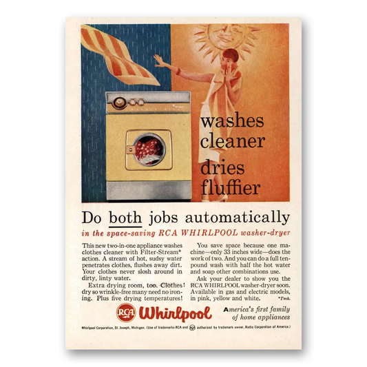 1958 Whirlpool Dryer Washes Cleaner Dries Fluffier Vintage Magazine Print Ad