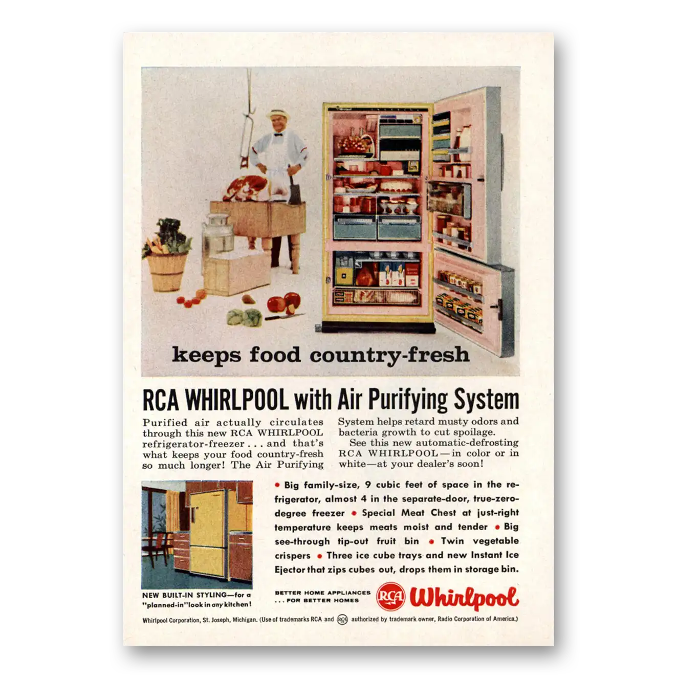 1958 Whirlpool Refrigerator Keeps Food Country Fresh Vintage Magazine Print Ad