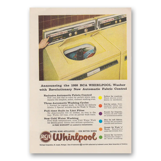 1958 Whirlpool Washer Washer Revolutionary New Automatic Fabric Control Vintage Magazine Print Ad