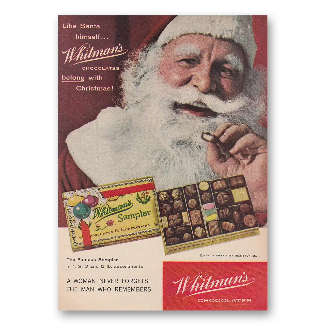 1958 Whitmans Chocolates Santa Claus Vintage Magazine Print Ad