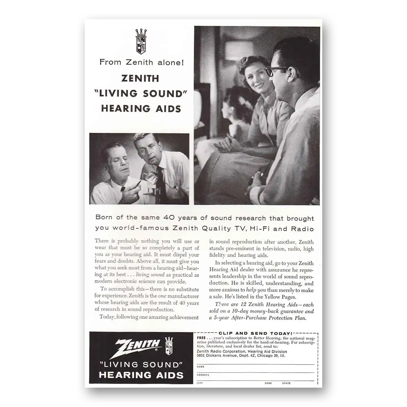 1958 Zenith Hearing Aid Years of Sound Research Vintage Magazine Print Ad