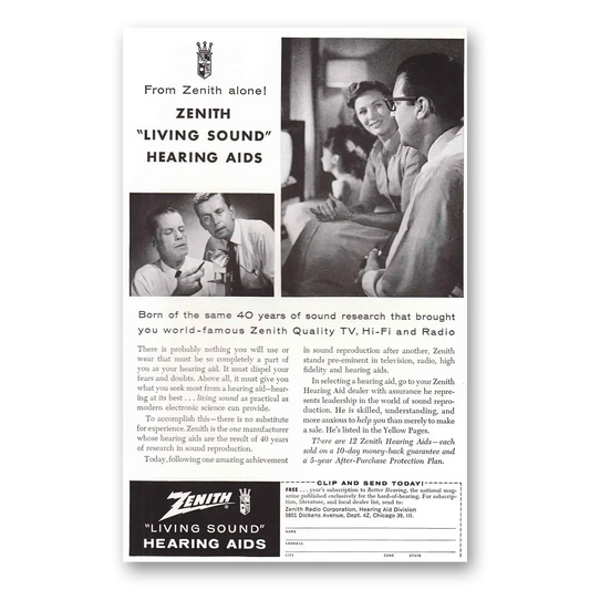 1958 Zenith Hearing Aid Years of Sound Research Vintage Magazine Print Ad