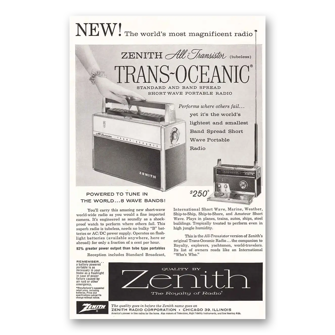 1958 Zenith Radio Tubeless Powered to Tune In the World Vintage Magazine Print Ad