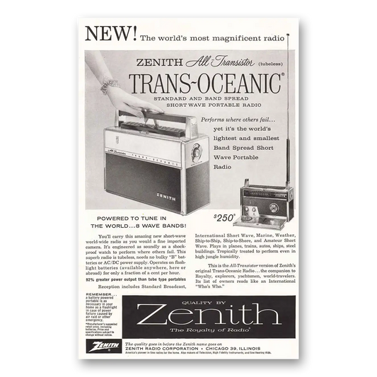 1958 Zenith Radio Tubeless Powered to Tune In the World Vintage Magazine Print Ad