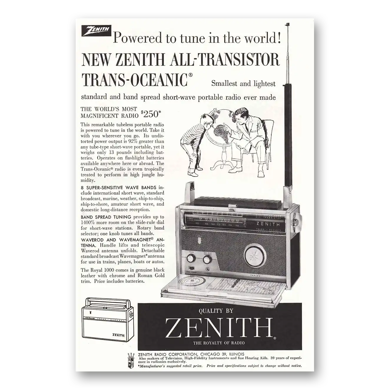 1958 Zenith Transistor Radio Trans Oceanic Radio Smallest and Lightest Vintage Magazine Print Ad