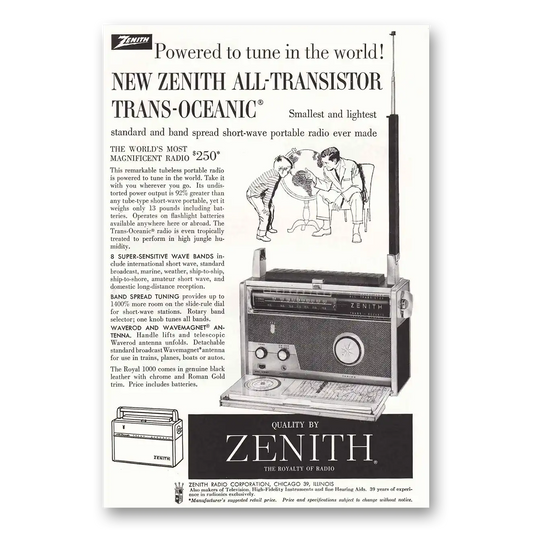 1958 Zenith Transistor Radio Trans Oceanic Radio Smallest and Lightest Vintage Magazine Print Ad