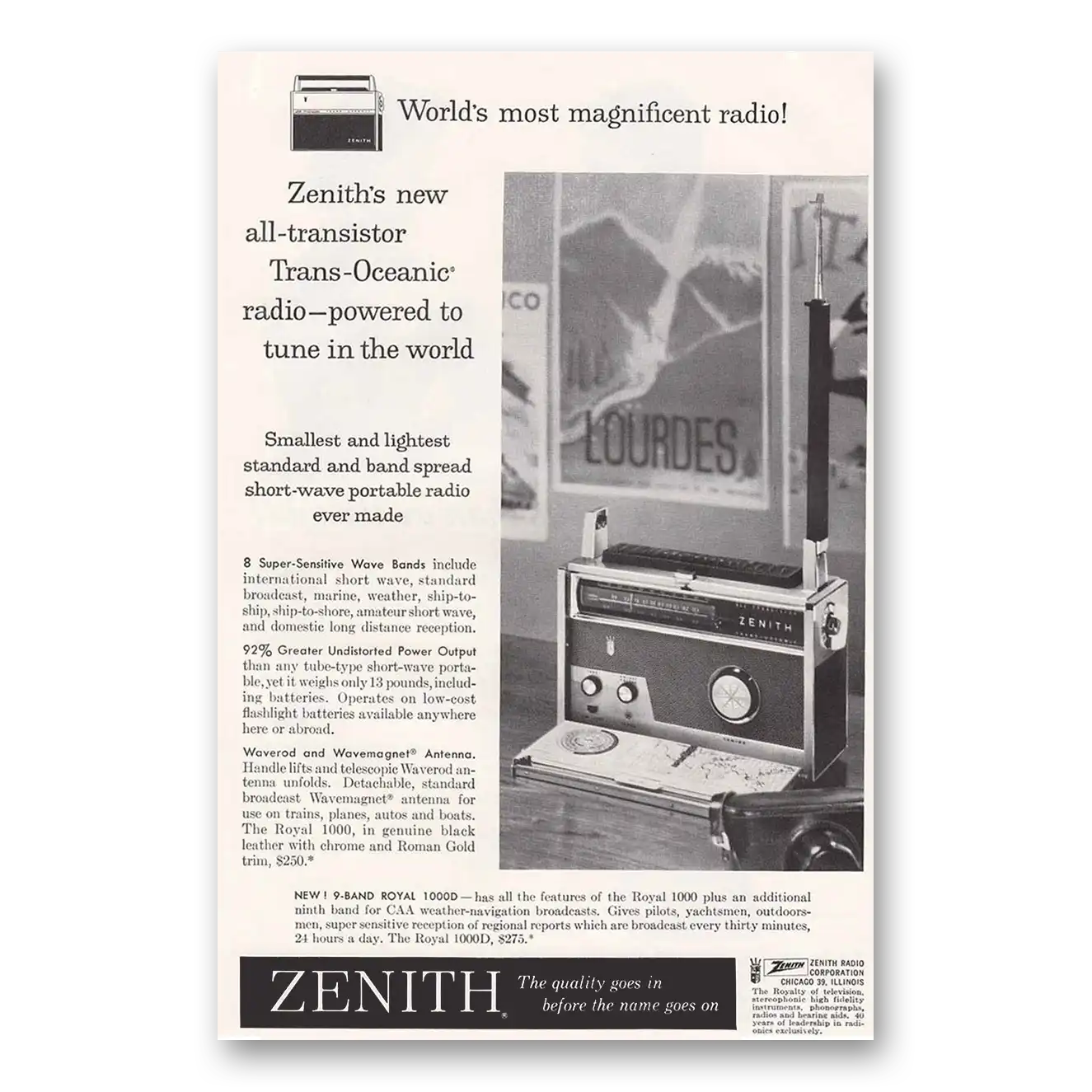 1958 Zenith Transistor Radio Trans Oceanic Radio Lourdes Vintage Magazine Print Ad