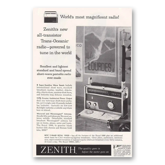 1958 Zenith Transistor Radio Trans Oceanic Radio Lourdes Vintage Magazine Print Ad