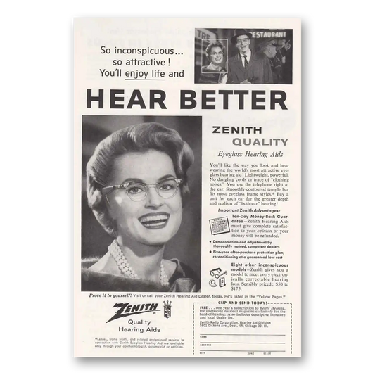 1958 Zenith Hearing Aid Eyeglass Hearing Aids Hear Better So Inconspicuous Vintage Magazine Print Ad