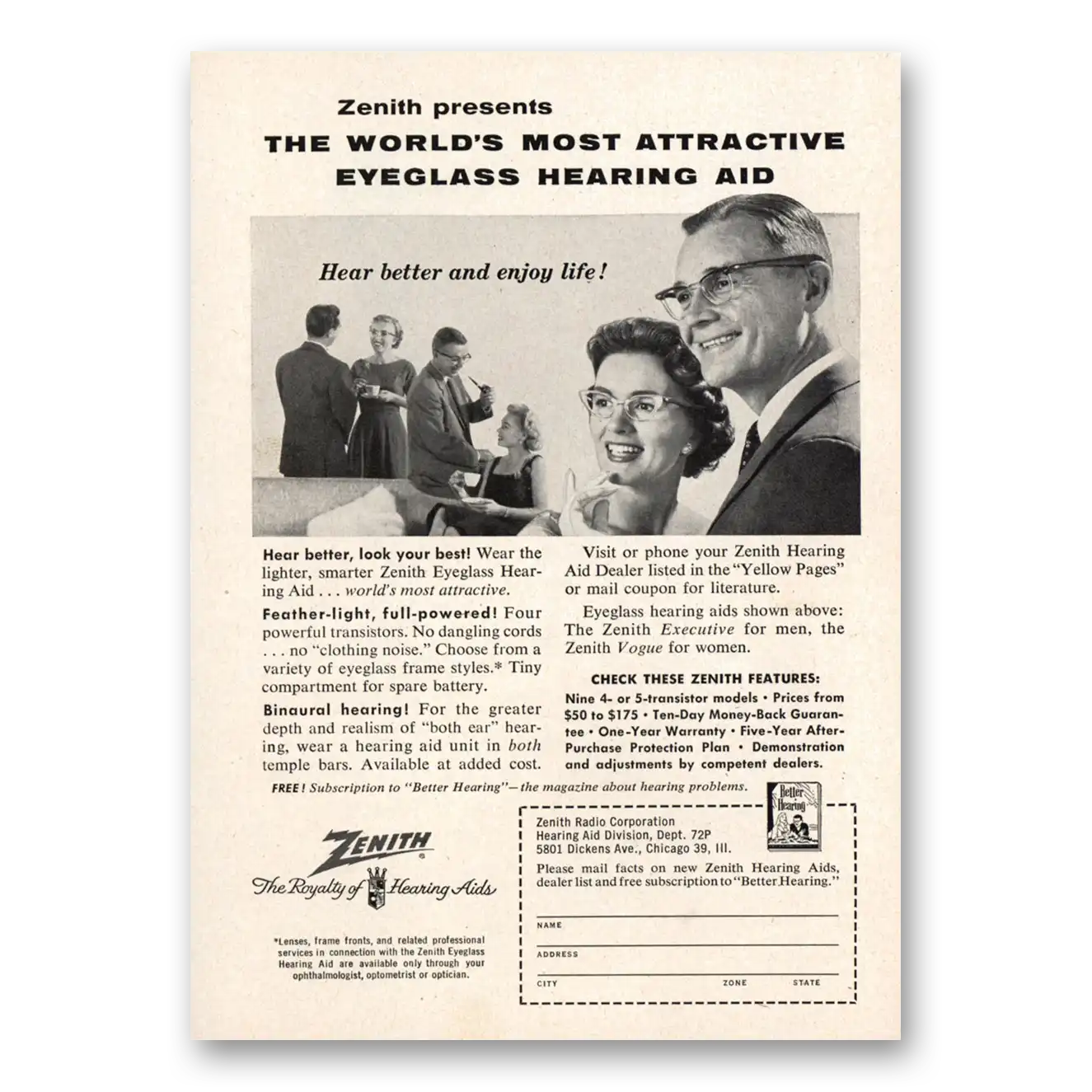 1958 Zenith Hearing Aid Most Attractive Eyeglass Hearing Aid Vintage Magazine Print Ad