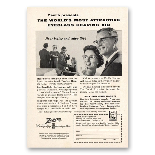 1958 Zenith Hearing Aid Most Attractive Eyeglass Hearing Aid Vintage Magazine Print Ad