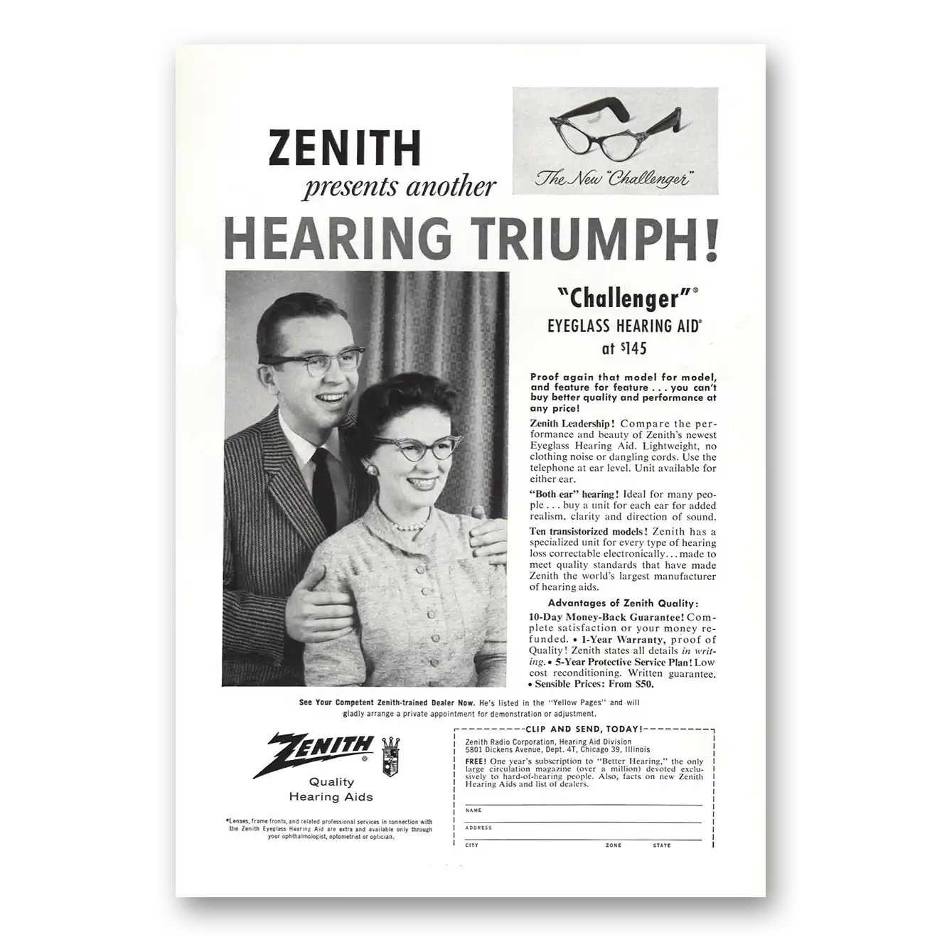 1958 Zenith Hearing Aid Challenger Eyeglass Hearing Aid Hearing Triumph Vintage Magazine Print Ad