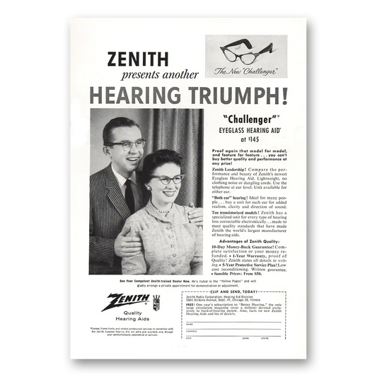 1958 Zenith Hearing Aid Challenger Eyeglass Hearing Aid Hearing Triumph Vintage Magazine Print Ad