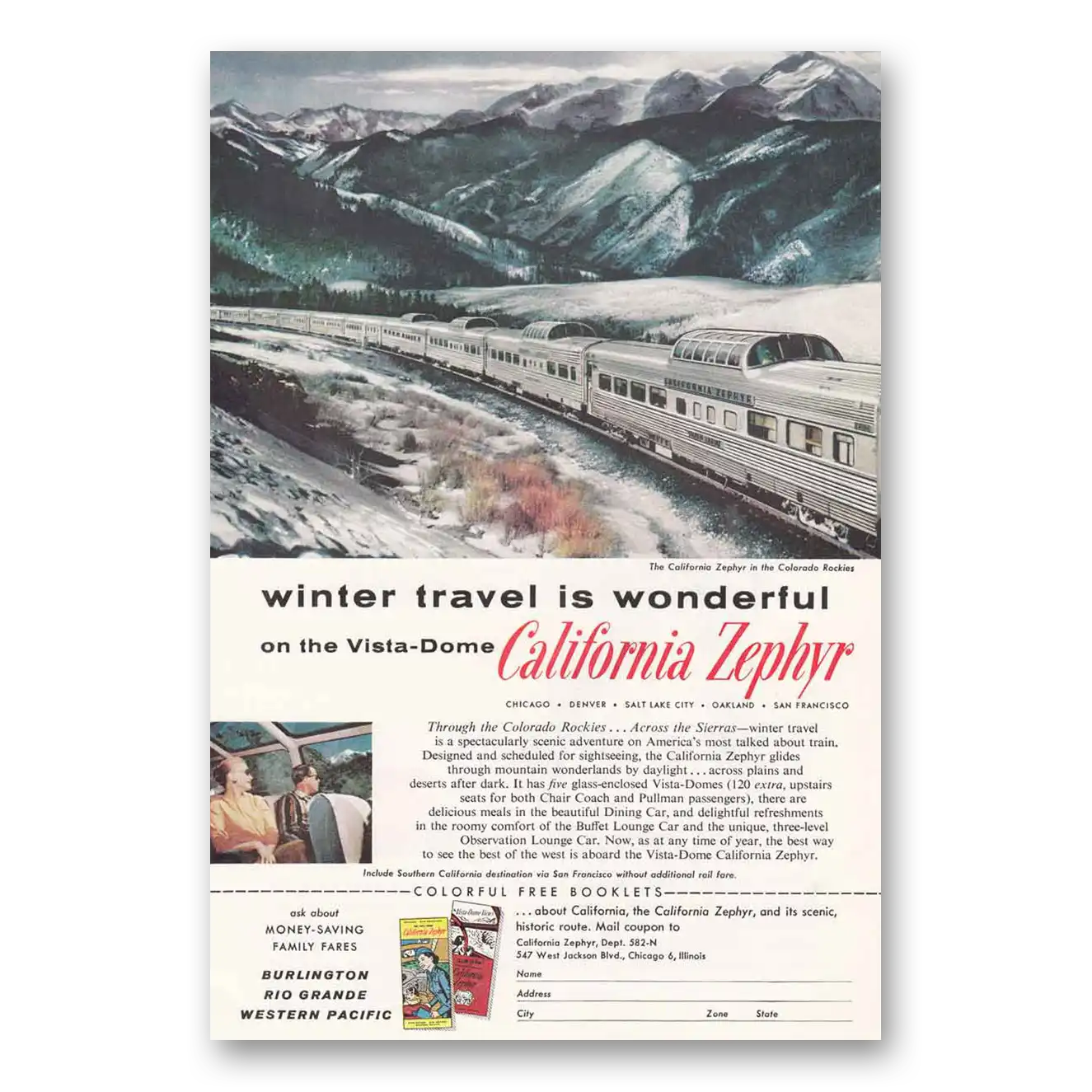 1958 California Zephyr Colorado Rockies Vintage Magazine Print Ad