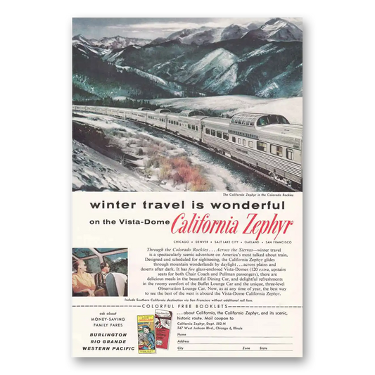 1958 California Zephyr Colorado Rockies Vintage Magazine Print Ad