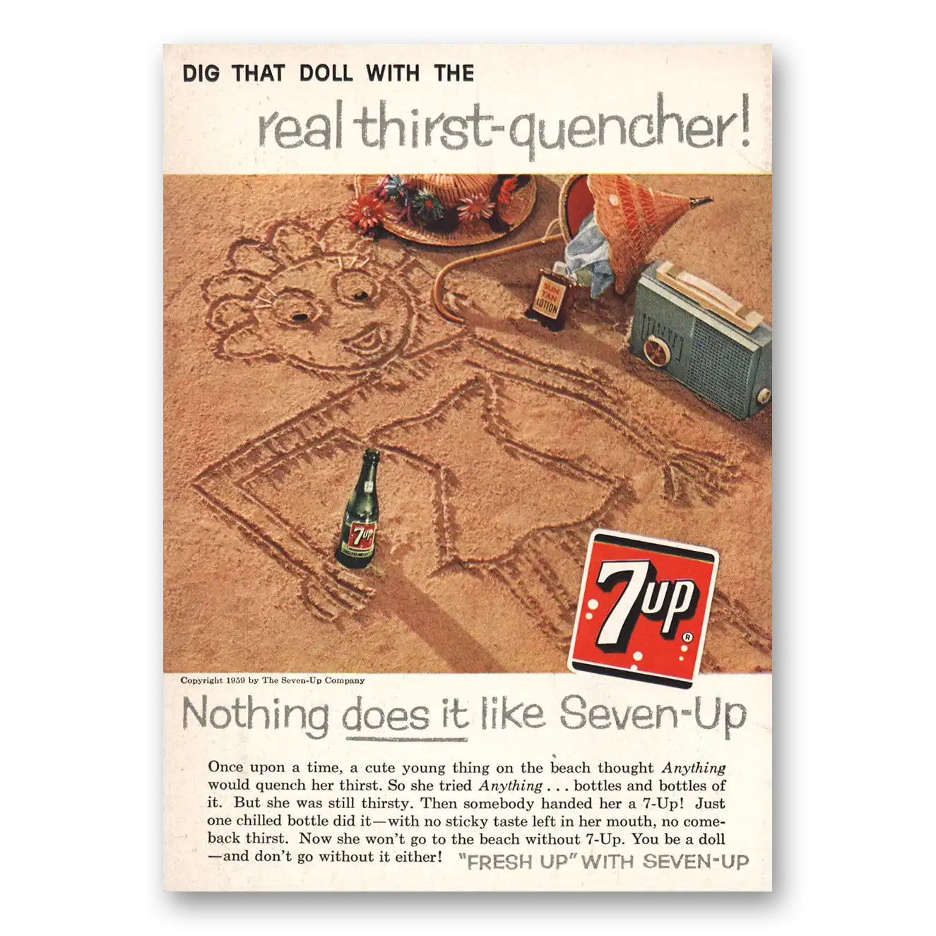 1959 7Up Dig That Doll With the Real Thirst Quencher Vintage Magazine Print Ad