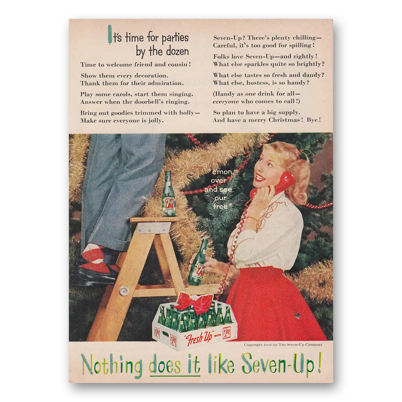 1959 7Up Christmas Its Time for Parties By the Dozen Vintage Magazine Print Ad