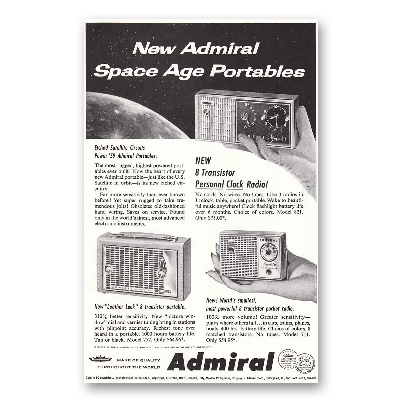 1959 Admiral Radio Space Age Portables Vintage Magazine Print Ad