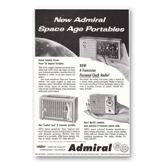 1959 Admiral Radio Space Age Portables Vintage Magazine Print Ad