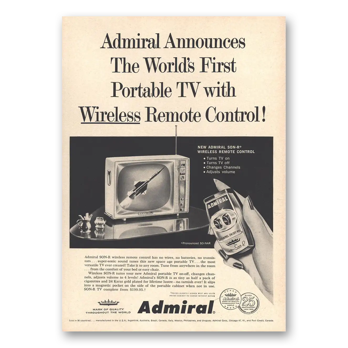 1959 Admiral Television Worlds First Portable TV with Wireless Remote Vintage Magazine Print Ad