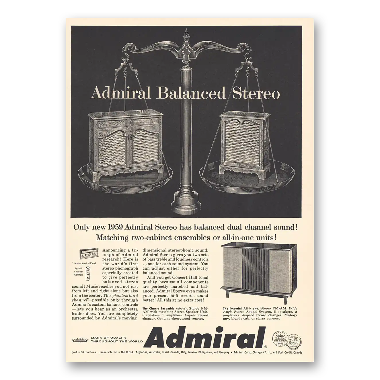 1959 Admiral Radio Balanced Stereo Dual Channel Sound Vintage Magazine Print Ad