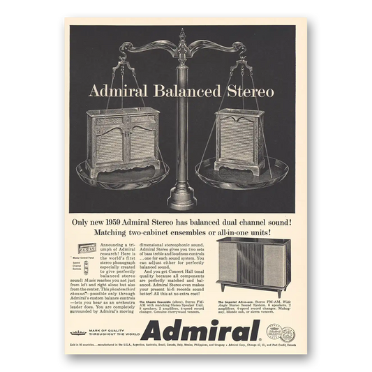 1959 Admiral Radio Balanced Stereo Dual Channel Sound Vintage Magazine Print Ad