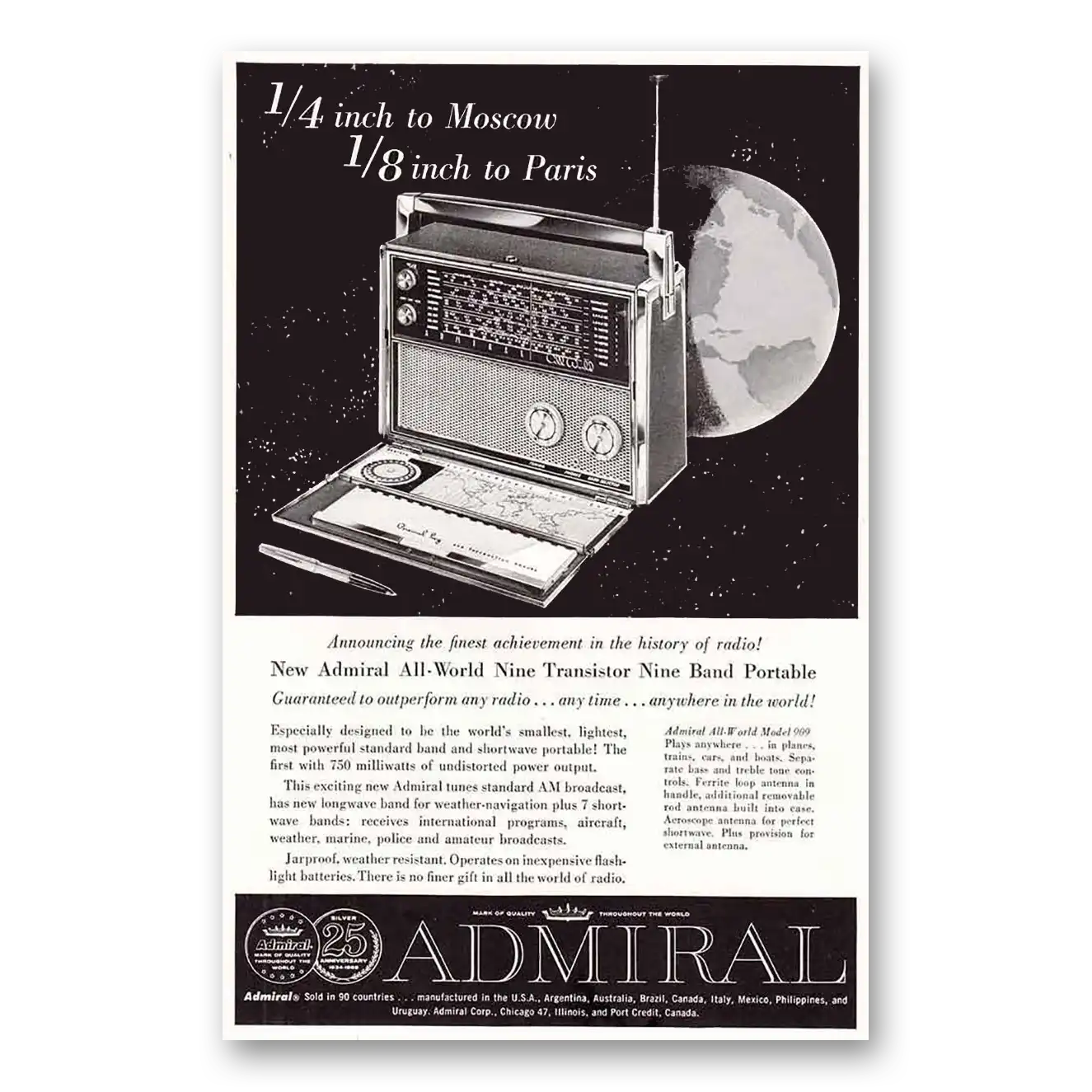 1959 Admiral Radio Transistor Radio Moscow Paris Vintage Magazine Print Ad