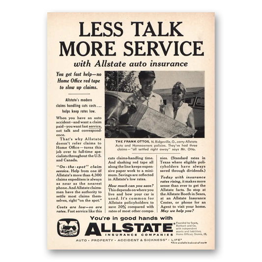 1959 Allstate Insurance Less Talk More Service Vintage Magazine Print Ad