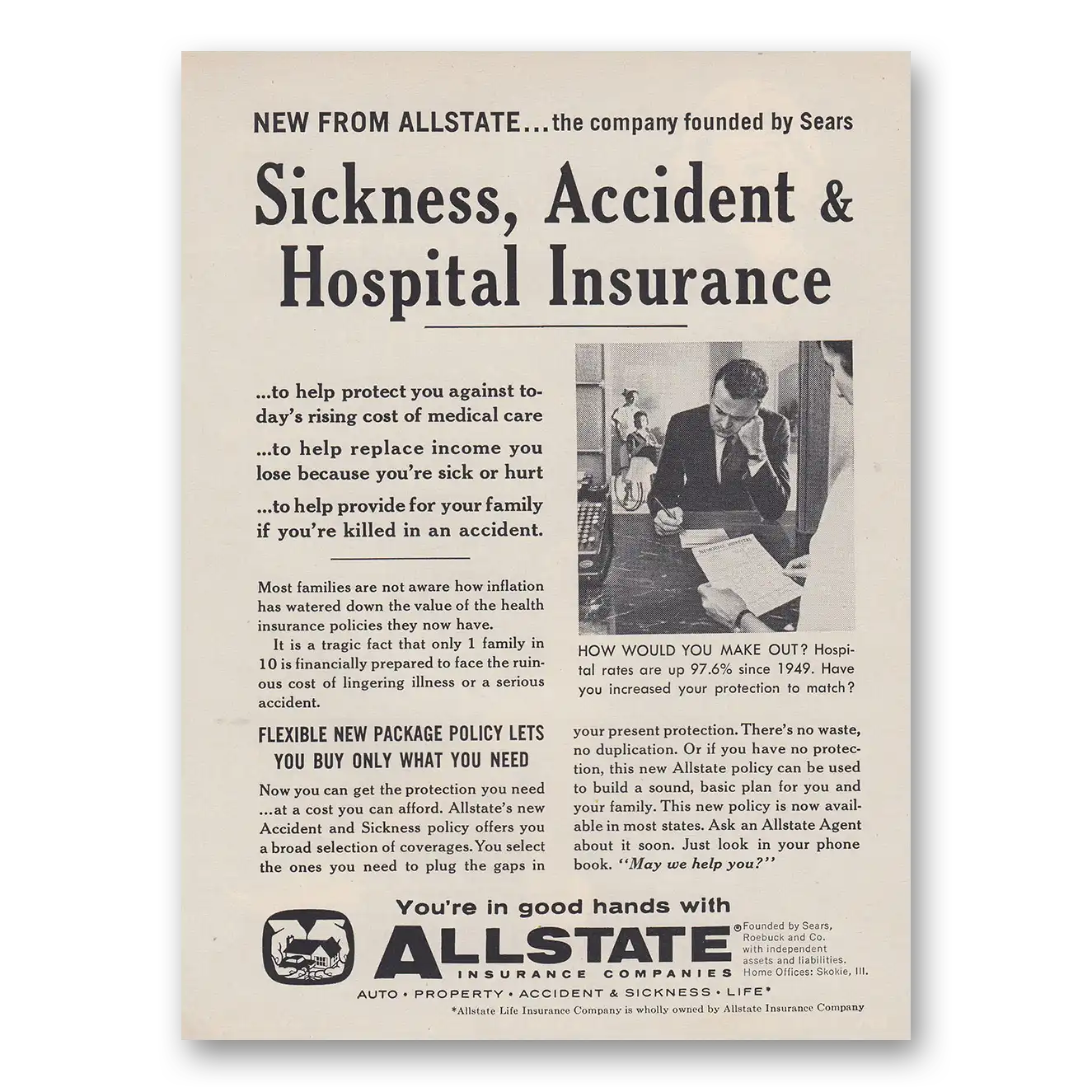 1959 Allstate Insurance Sickness Accident and Hospital Insurance Vintage Magazine Print Ad